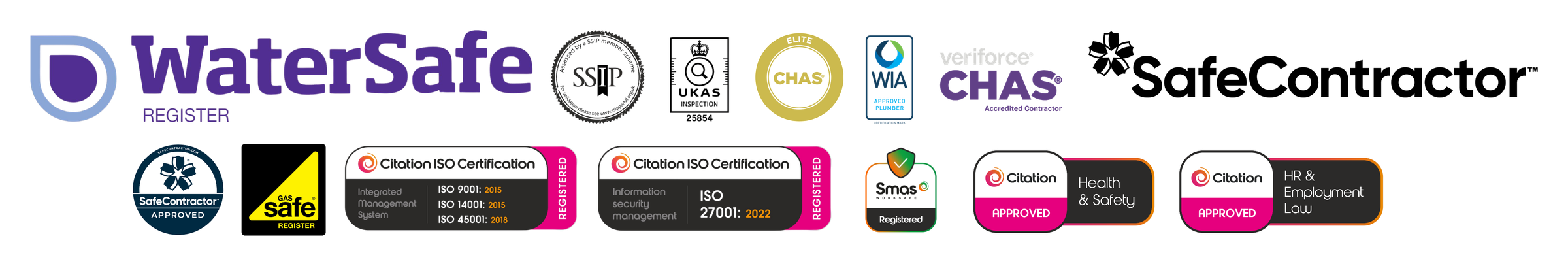 Saints Contracting accreditations: SafeContractor, CHAS Elite, SMAS Worksafe, SSIP, ISO 9001, ISO 14001, ISO 45001, ISO 27001, Gas Safe, WaterSafe, WIAPS, NAPIT, UKAS